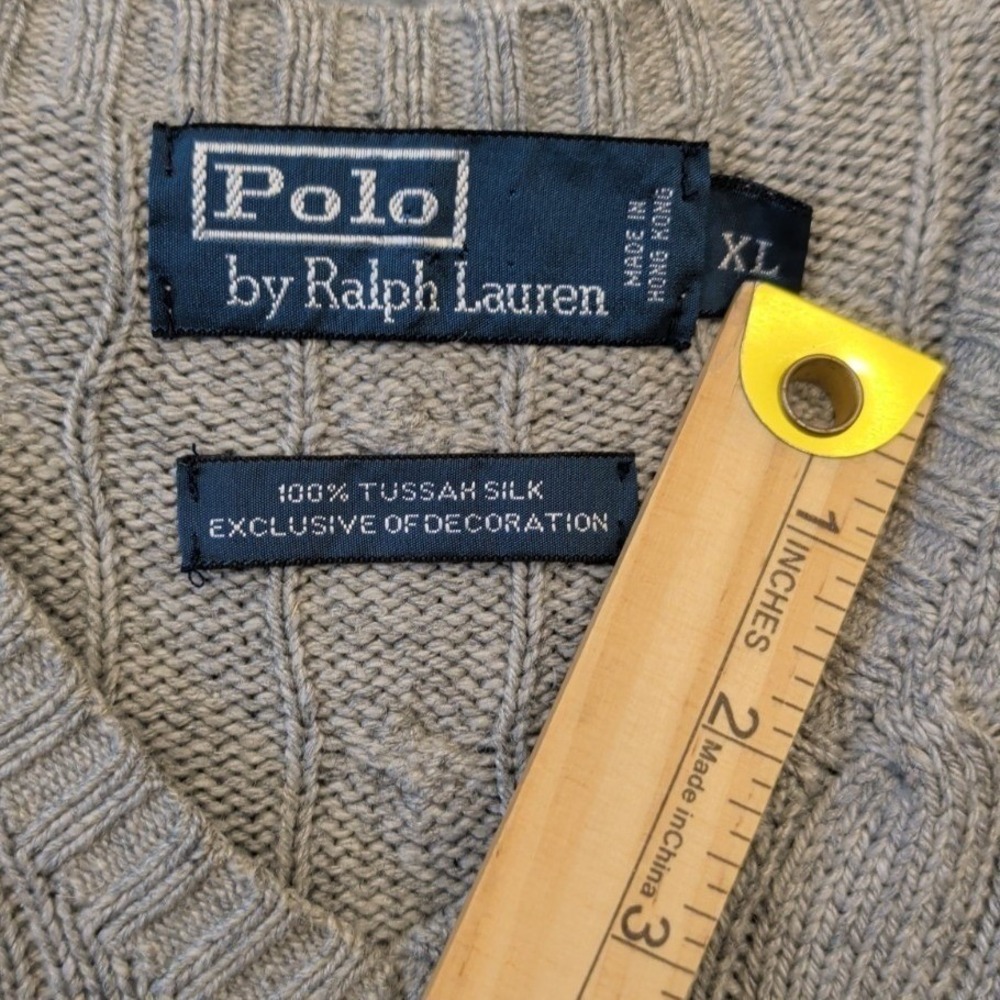 Polo Ralph Lauren Mens Sz XL Cable Knit V Neck Sweater 100% Tussah Silk Grey - Picture 5 of 7